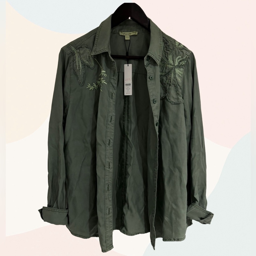 Chico's Olive Green Embroidered Shirt Jacket